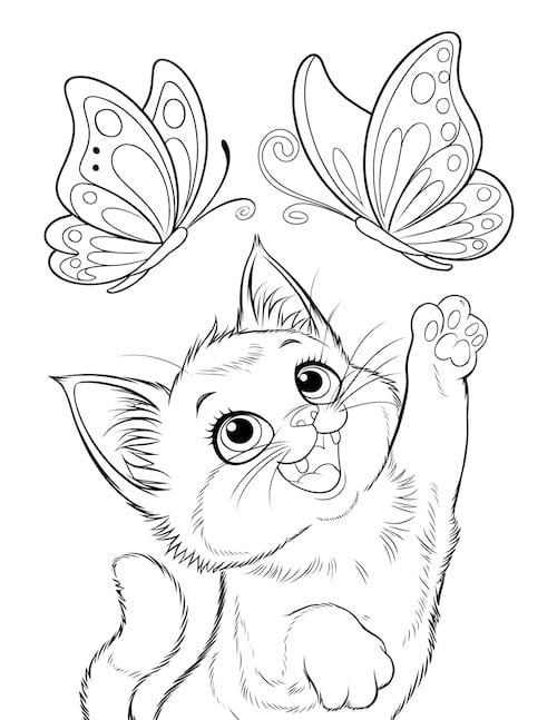 playful kitten reaching up toward two fluttering butterflies.