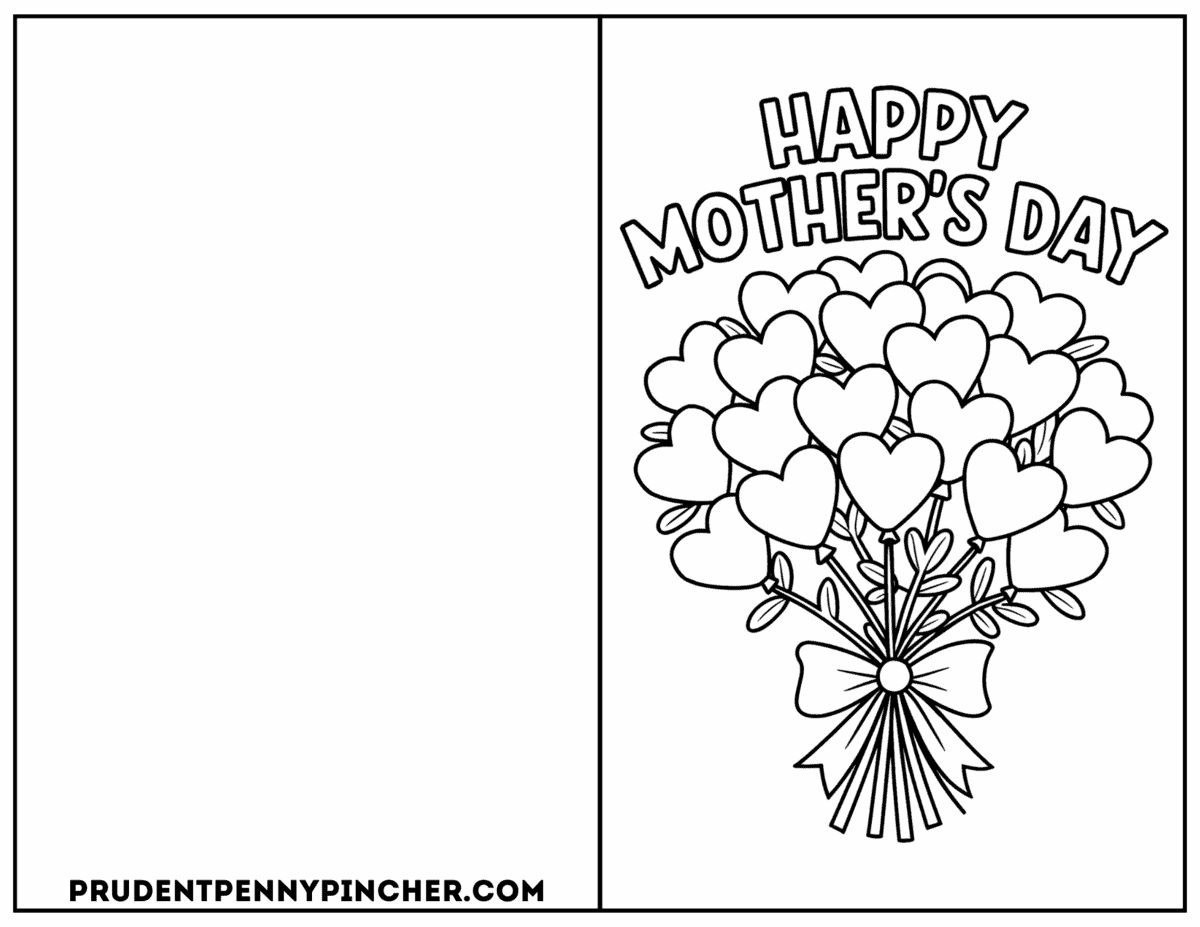 Printable Mother's Day card with heart bouquet to color