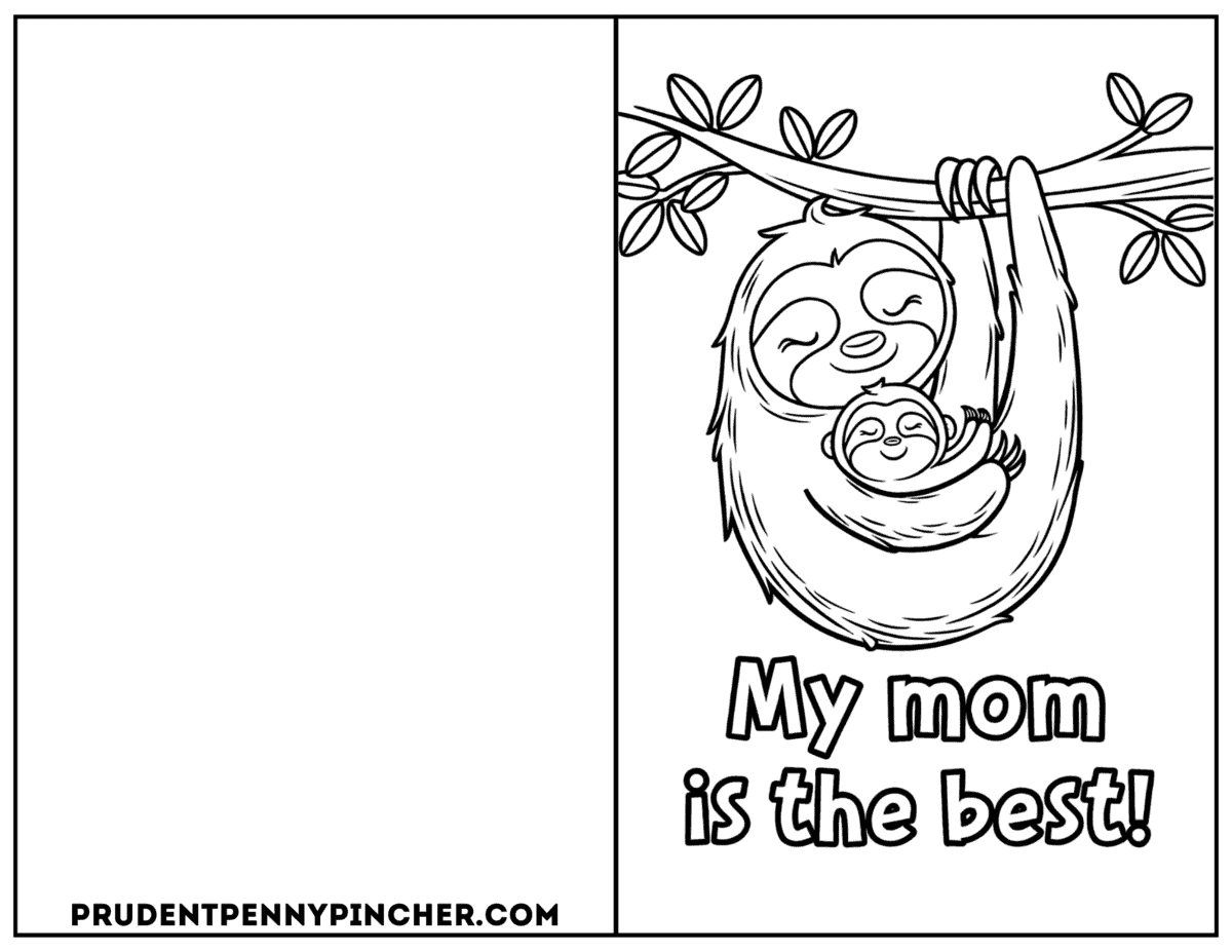 Free coloring card with mom and baby sloth for Mother's Day