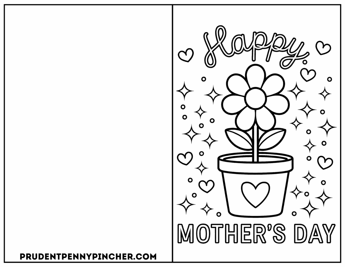 card with flower pot and hearts to color