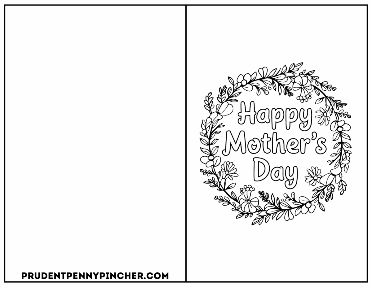 Printable Mother's Day card with floral wreath to color