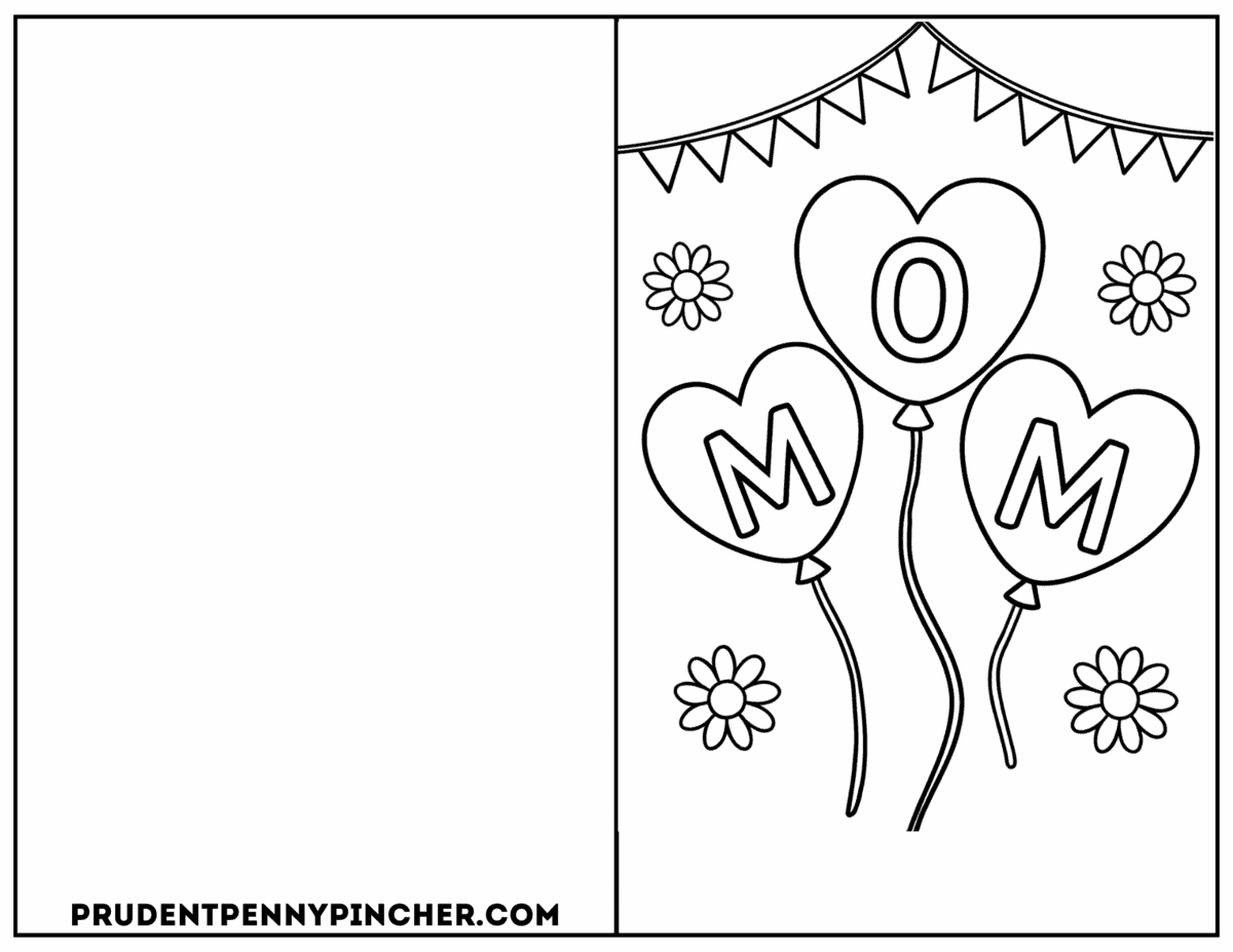 Mother's Day coloring card with heart balloons and banner