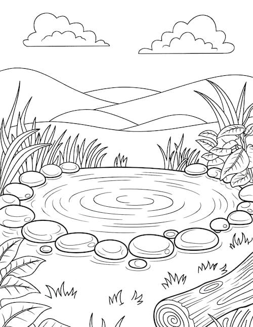 Peaceful backyard pond coloring page