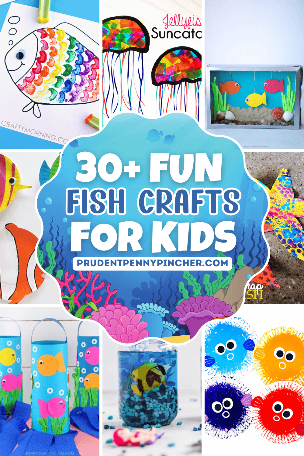 collage featuring various fish crafts for kids, including a celery-stamped rainbow fish, jellyfish suncatchers, a cereal box aquarium, painted paper fish, starfish art, DIY fish windsocks, a mason jar aquarium, and bright pom-pom pufferfish.
