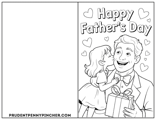 card showing a child kissing her father on the cheek with hearts and a gift.