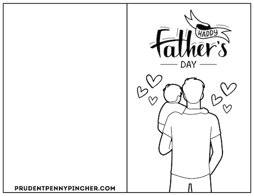 Silhouette-themed Father's Day coloring card of a father holding his child, surrounded by hearts and a "Happy Father's Day" message.