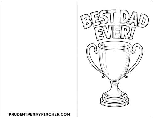 Father's Day coloring card showing a trophy labeled "Best Dad Ever!".