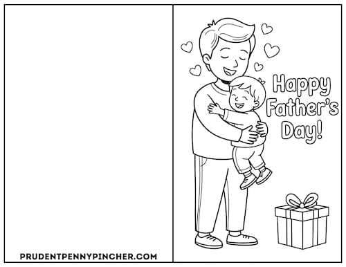 adorable illustration of a father and child hugging and hearts surrounding the words "Happy Father's Day!".