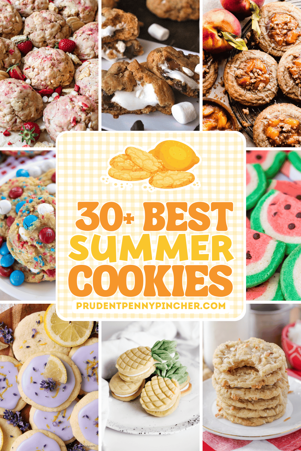 Collage of colorful summer cookies including s’mores cookies, peach cobbler cookies, watermelon sugar cookies, lemon lavender cookies, pineapple sandwich cookies, coconut cookies, and 4th of July M&M cookies.
