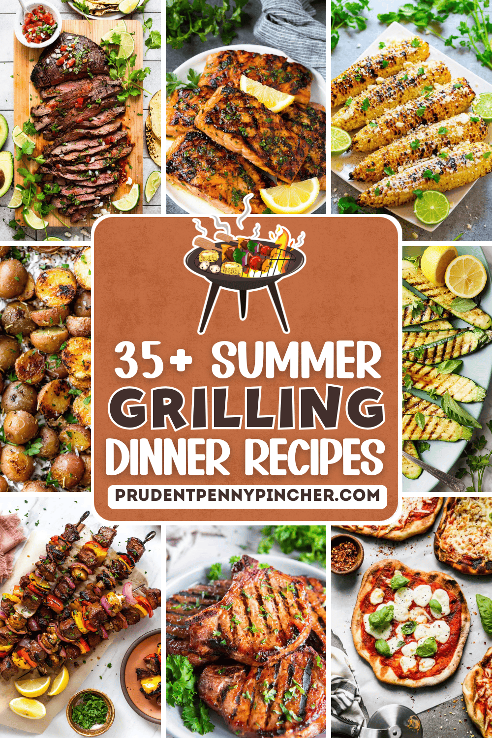 Collage of summer grilling dinner recipes featuring carne asada, grilled salmon, elote corn, grilled potatoes, zucchini, kabobs, pork chops, and grilled pizzas.