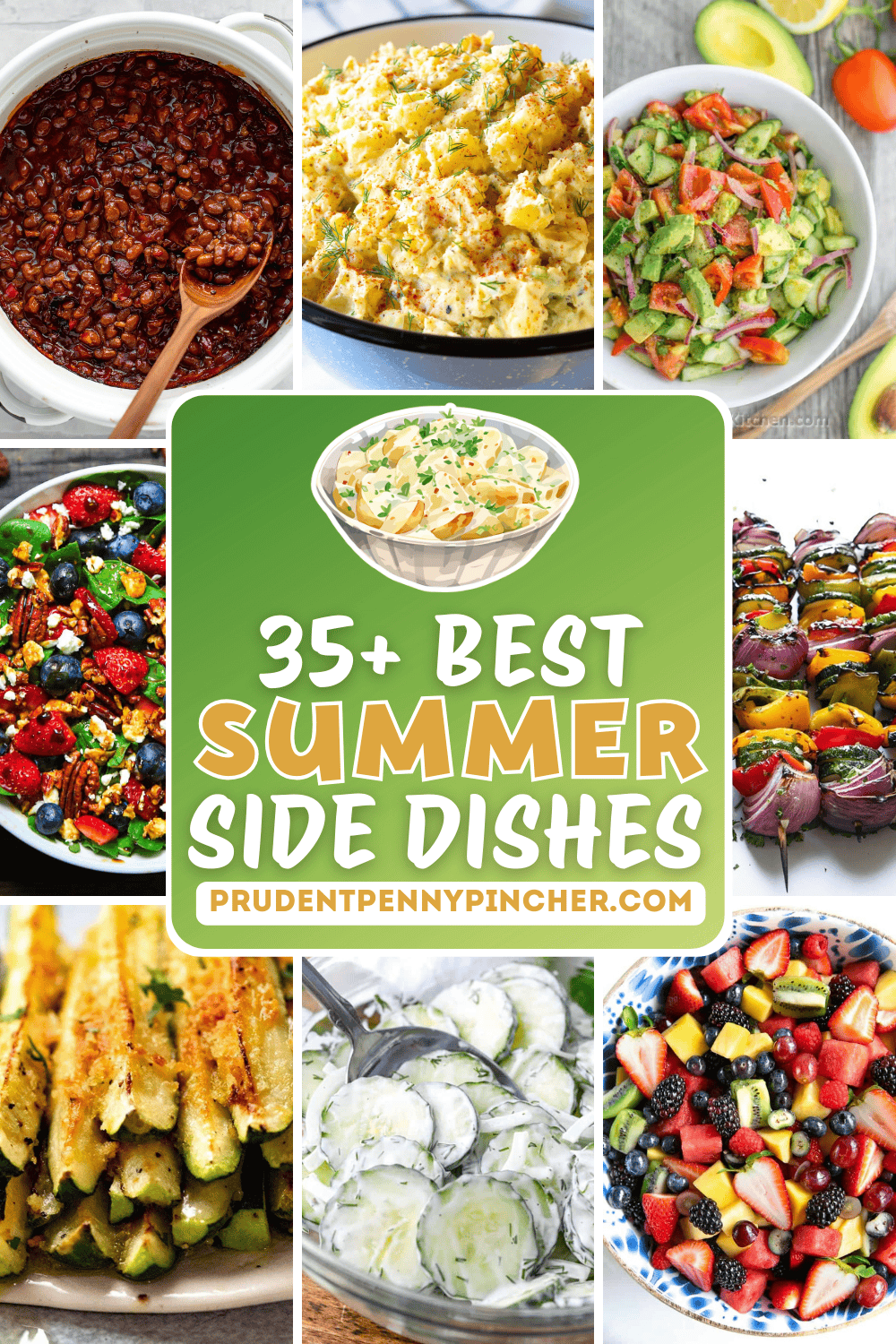 A collage of summer side dishes including baked beans, potato salad, cucumber tomato avocado salad, grilled veggie skewers, fruit salad, creamy cucumber salad, parmesan zucchini, and a berry spinach salad.
