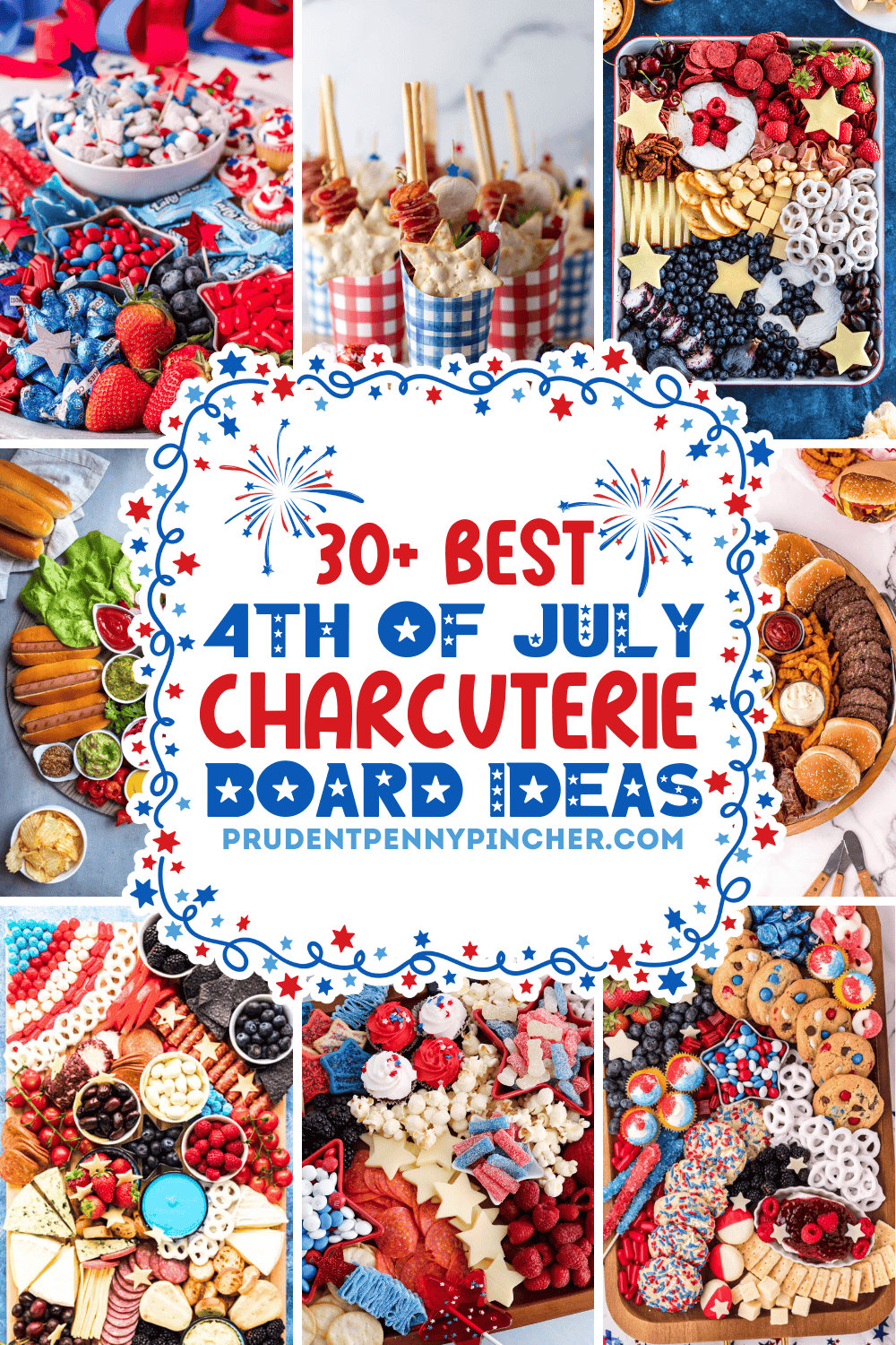 A collage of colorful 4th of July charcuterie boards featuring patriotic red, white, and blue snacks like fruit, candy, cookies, cheese, and meats.