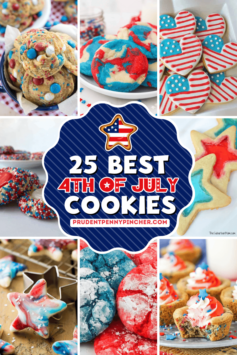  A collage of red, white, and blue 4th of July cookies including sprinkle cookies, tie-dye swirl sugar cookies, American flag heart cookies, stained glass star cookies, star-shaped marbled cookies, patriotic crinkle cookies, and cookie cups with red and white frosting.
