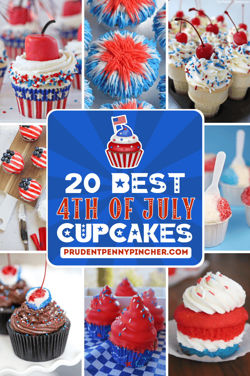 A collage of patriotic 4th of July cupcakes in red, white, and blue with various designs including firecracker cherry toppers, piped frosting stars, ice cream cone cupcakes, American flag frosting, and hi-hat dipped cupcakes.