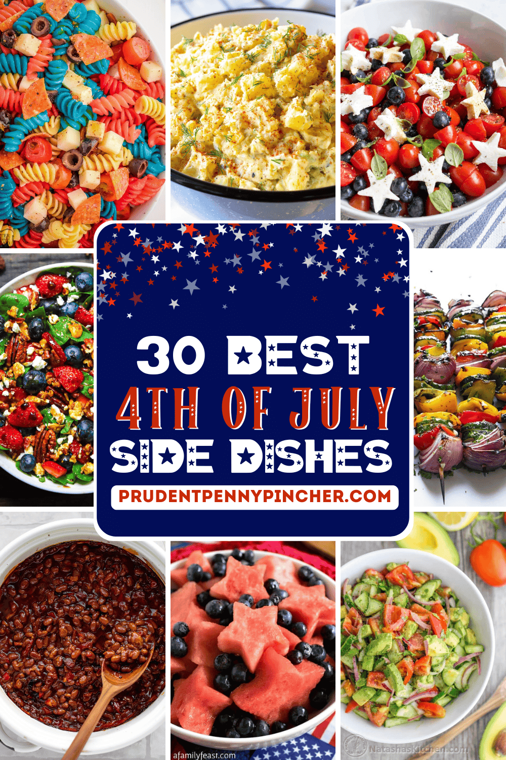 collage of colorful 4th of July side dishes including red, white, and blue pasta salad, classic potato salad, star-shaped watermelon and blueberry fruit salad, grilled veggie skewers, baked beans, and cucumber avocado salad, with a blue patriotic graphic in the center reading decorated with stars.