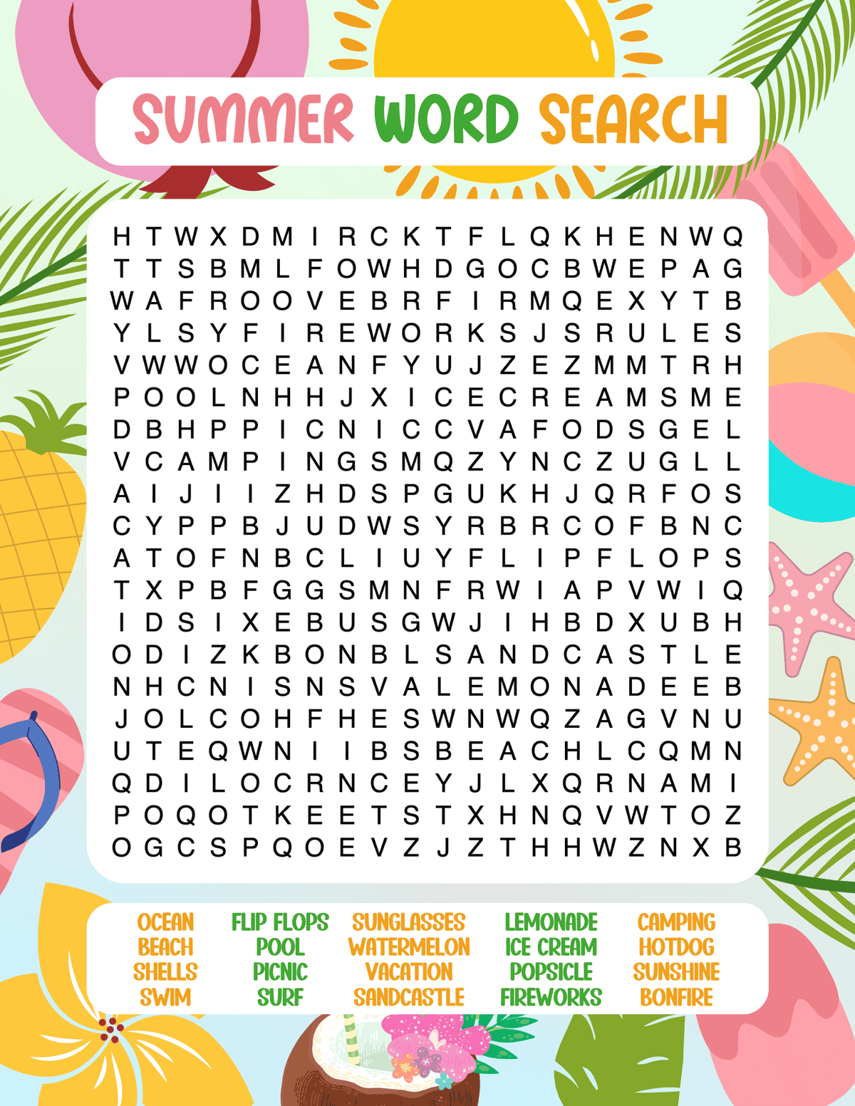 Free printable easy word search puzzle for kids with summer-themed background.