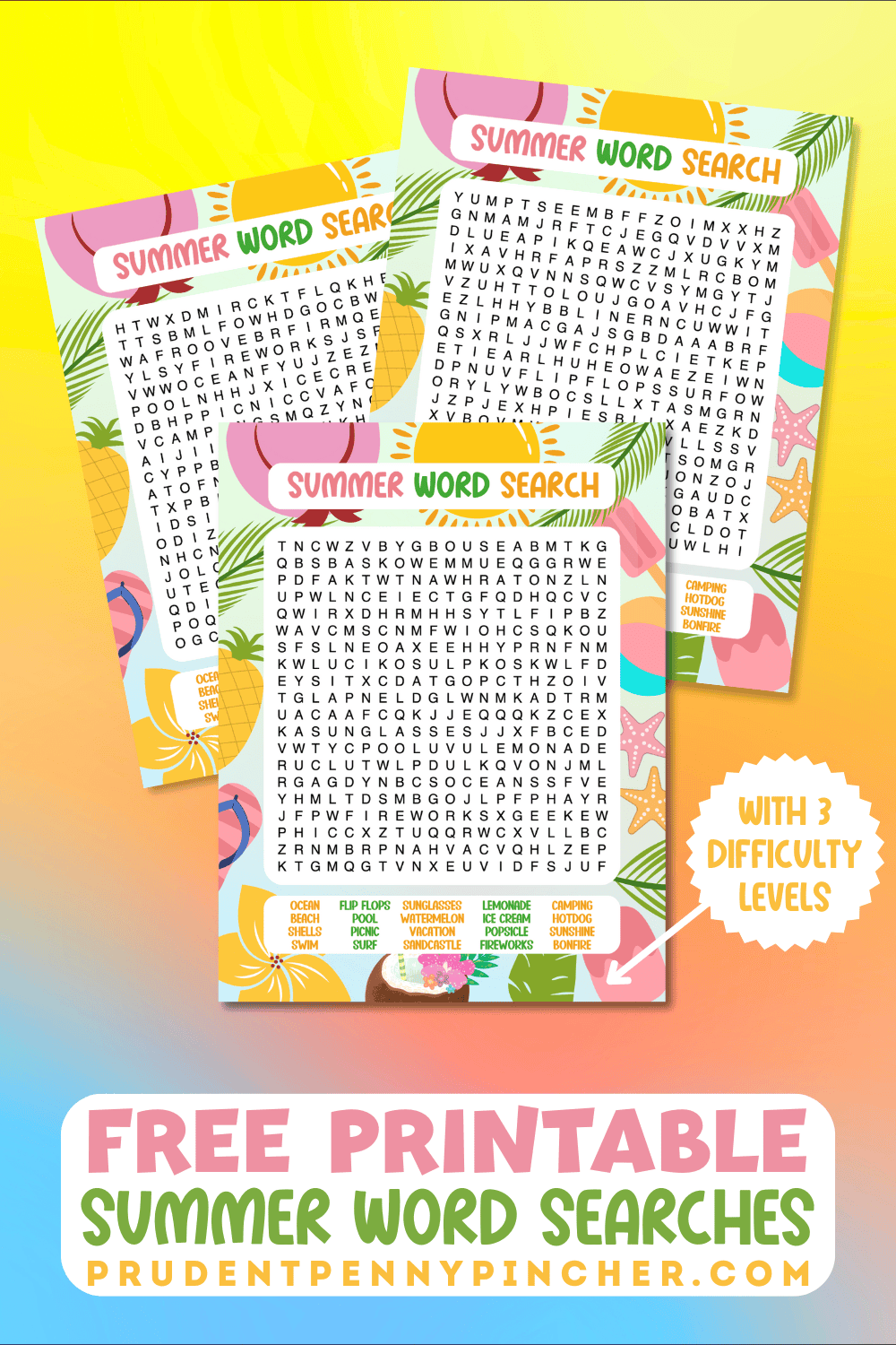 pages of Summer Word Searches with easy, medium and hard difficulty levels on a colorful gradient background.