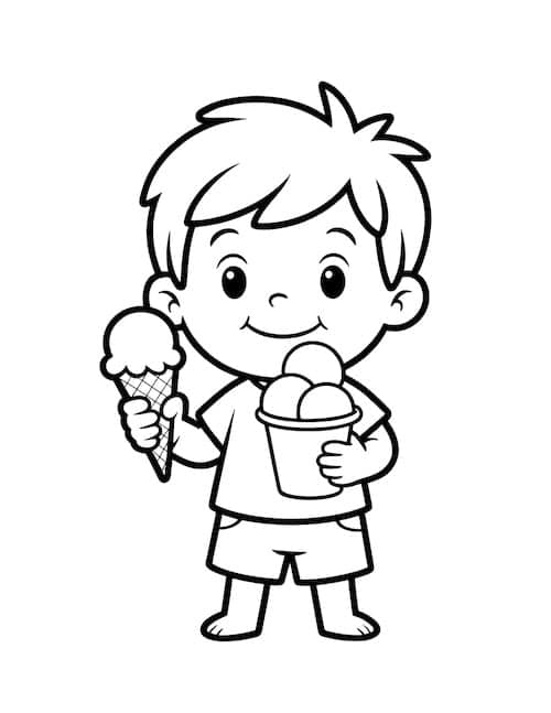 Boy holding ice cream and bucket of scoops coloring page