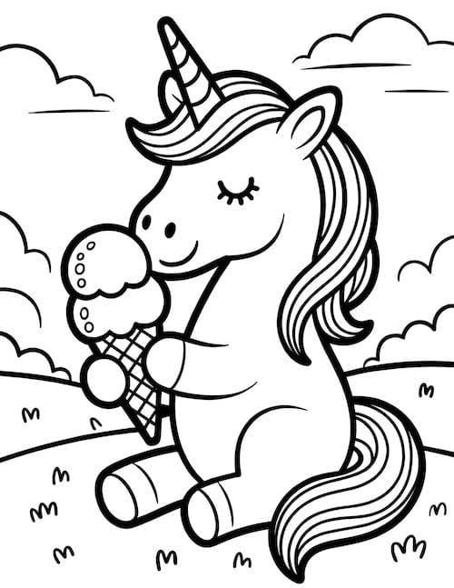 Unicorn eating ice cream cone coloring page
