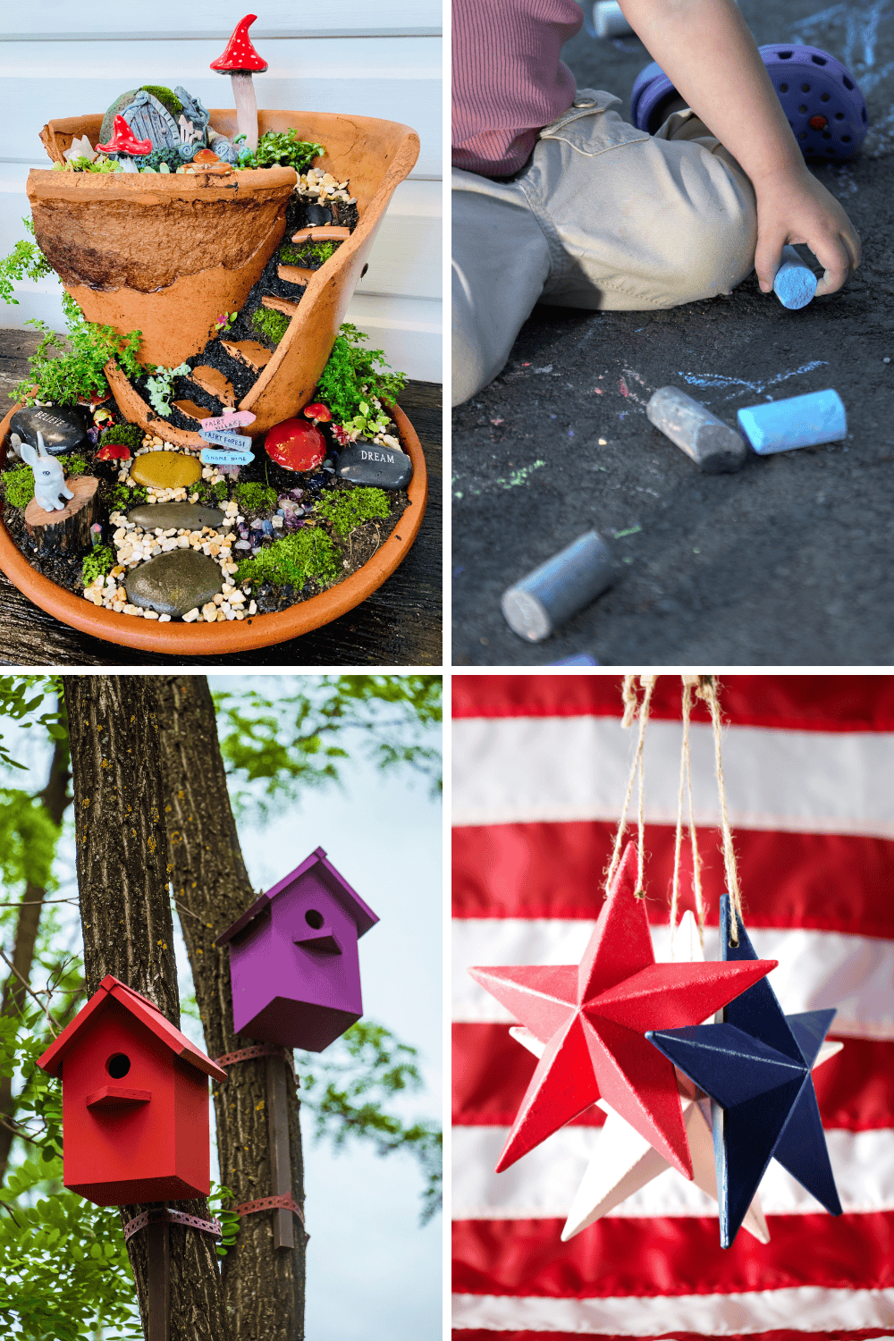 Summer crafts for kids – fairy garden, sidewalk chalk art, DIY birdhouses, and patriotic crafts