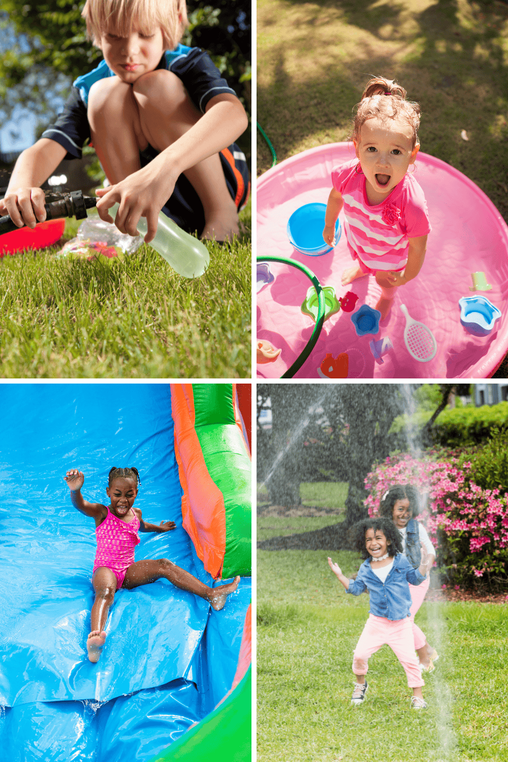 Water play ideas for summer – water balloons, kiddie pool, slip and slide, and sprinkler fun for kids