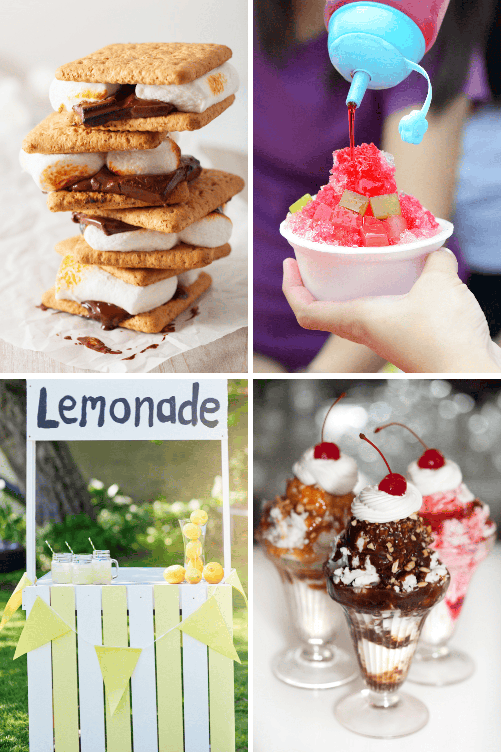 Summer treats for kids – s’mores, snow cones, lemonade stand, and ice cream sundaes