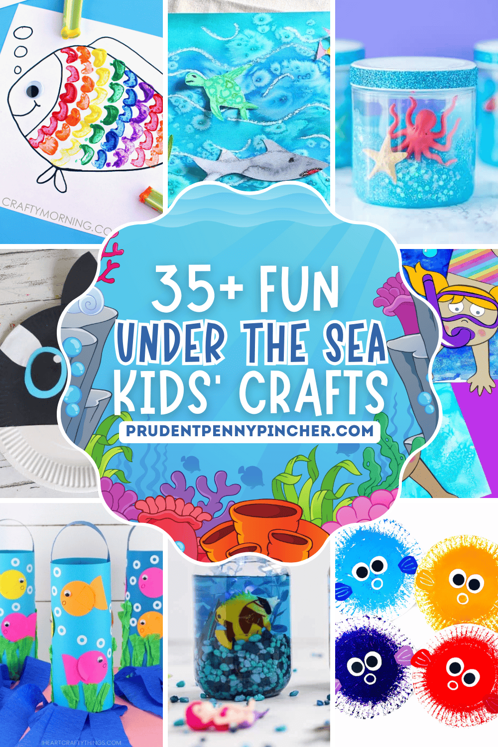 A colorful collage featuring various under the sea kids' crafts, including a rainbow fish coloring page, ocean slime jars with toy sea creatures, a paper plate orca whale, a sponge-stamped pufferfish, and paper lantern fish.
