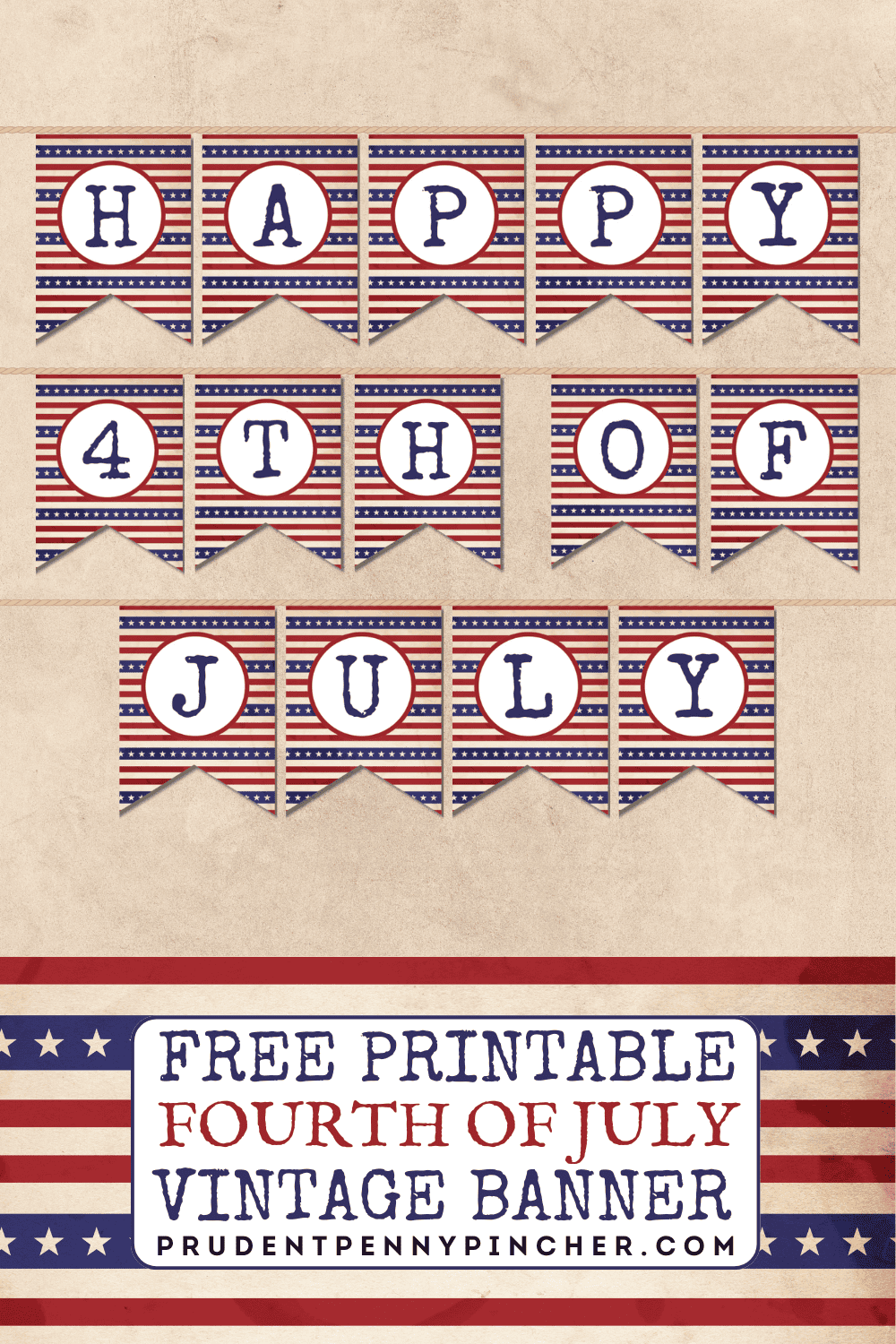 Free printable Fourth of July vintage banner with red, white, and blue patriotic striped pennants that spell out "Happy 4th of July".