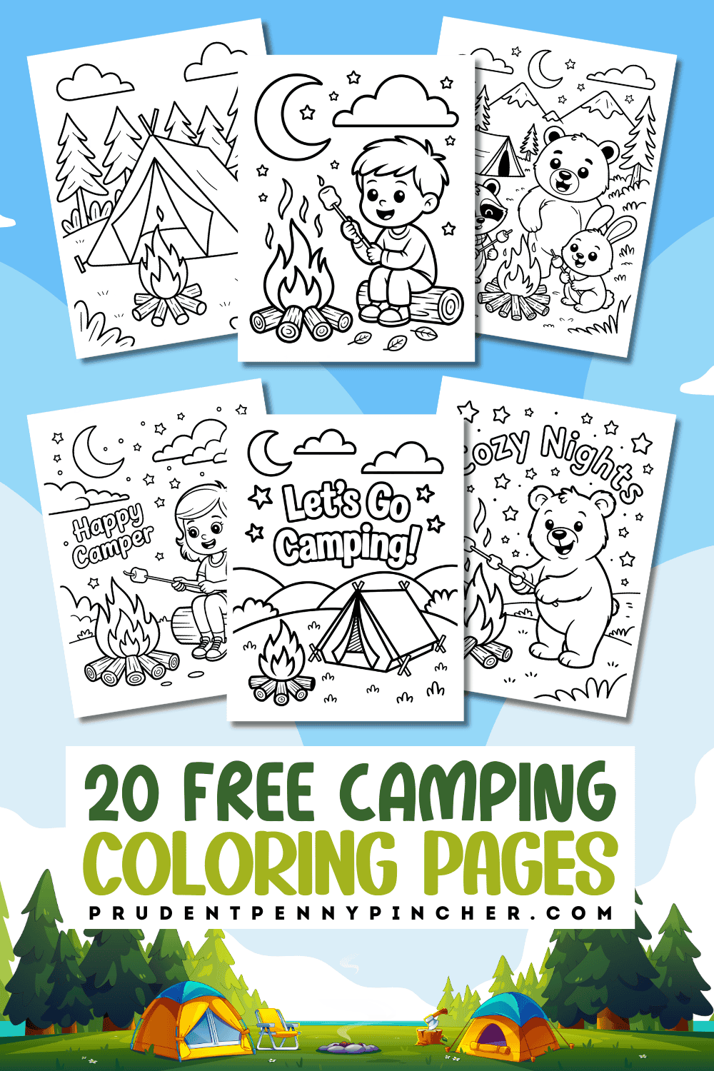 pages of free printable camping coloring pages for kids featuring tents, campfires, and forest animals on camp background.