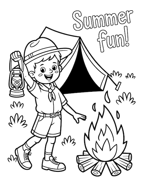Boy scout holding lantern by tent and campfire coloring page
