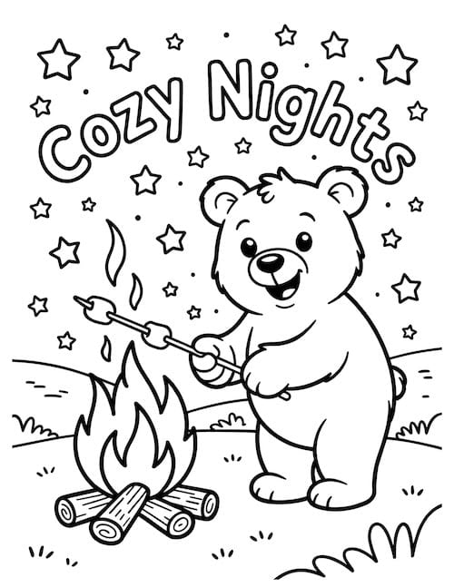 Bear roasting marshmallows with “Cozy Nights” text