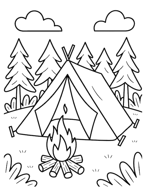 Simple tent and campfire in pine forest coloring page