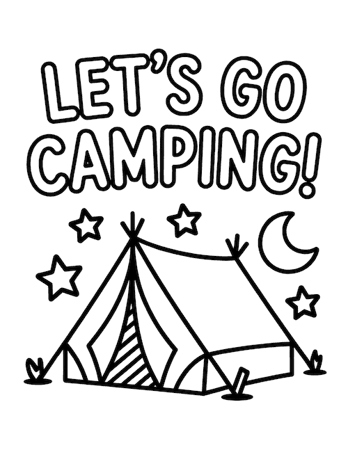 Tent with stars and moon and “Let’s Go Camping” text coloring page