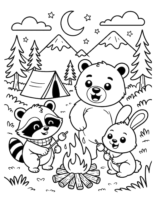 Bear, raccoon, and bunny roasting marshmallows by campfire