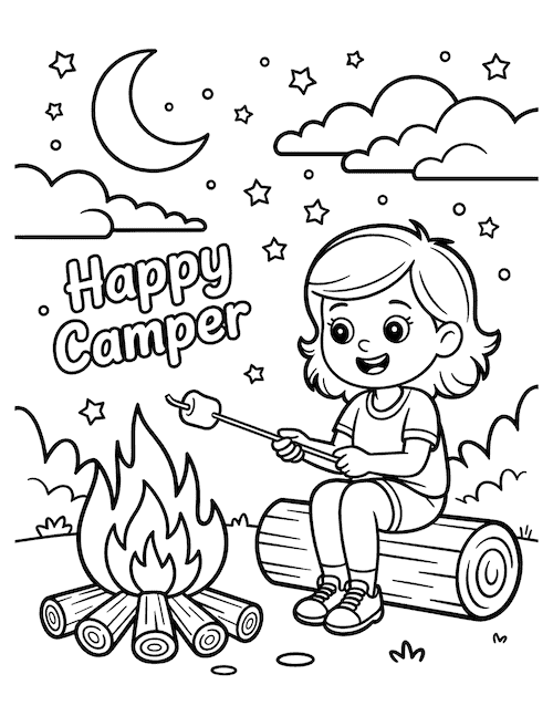 Girl roasting marshmallow by campfire with “Happy Camper” text coloring page