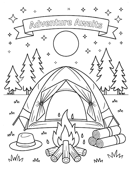 Tent with fire, supplies, and “Adventure Awaits” banner under moon