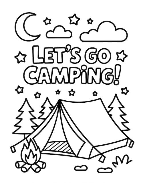 Tent under night sky with “Let’s Go Camping” text coloring page