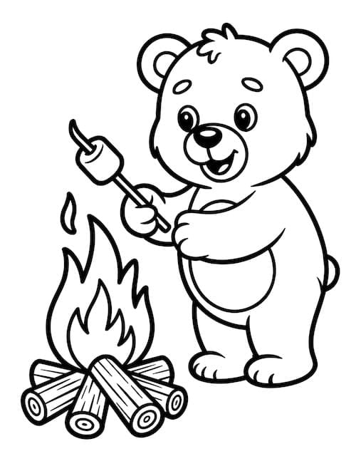 Cute bear roasting marshmallow over campfire