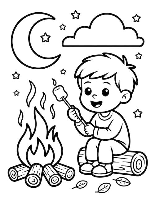 Child roasting marshmallow under stars and moon coloring page