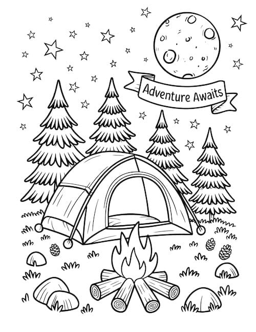 Tent, campfire, and trees under moon with “Adventure Awaits” banner coloring page