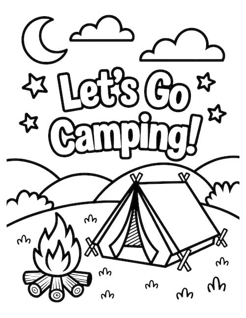 tent and fire under night sky with “Let’s Go Camping” text