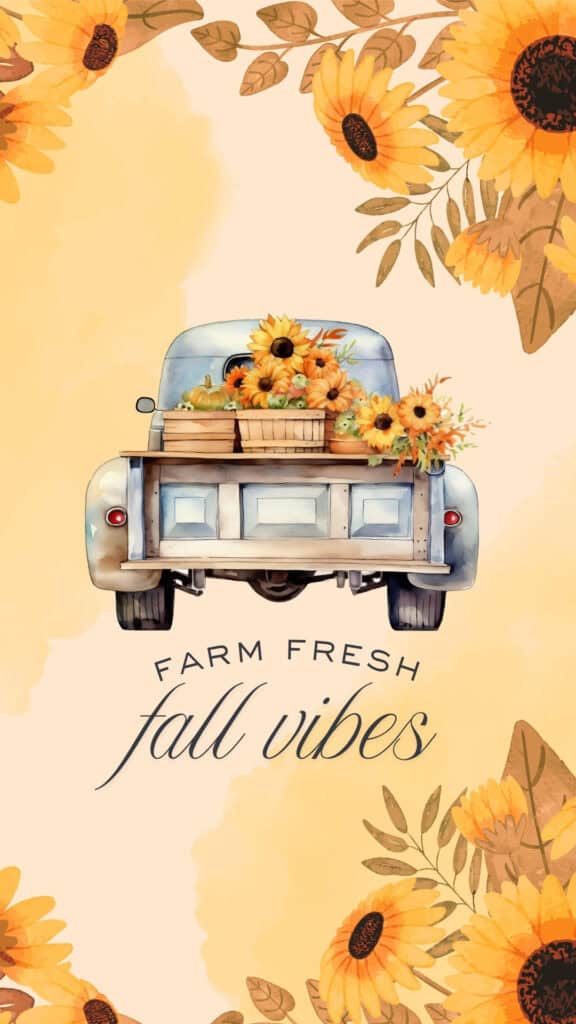 Farm fresh fall vibes wallpaper with vintage truck and sunflowers