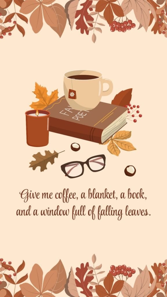 Cozy fall wallpaper with coffee, blanket, and book illustration