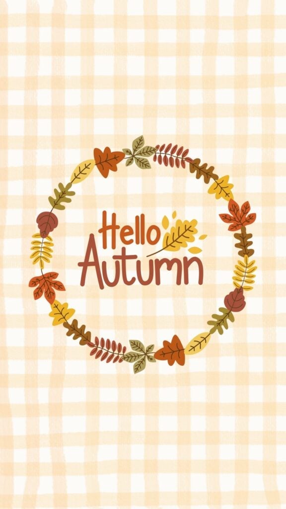 Plaid Hello Autumn wallpaper with leafy wreath and warm tones