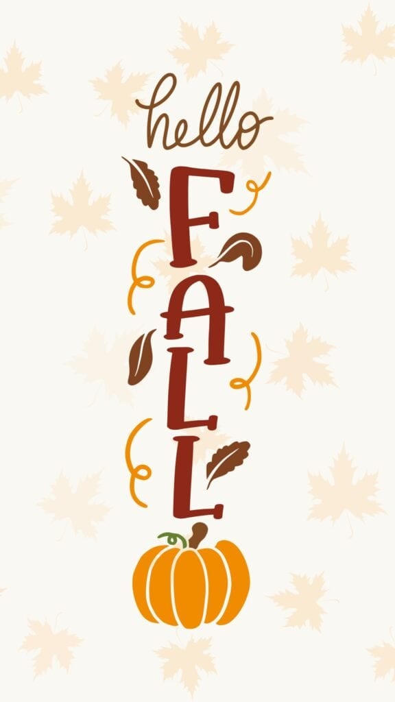 Hello fall text with pumpkin and falling leaves on a beige background