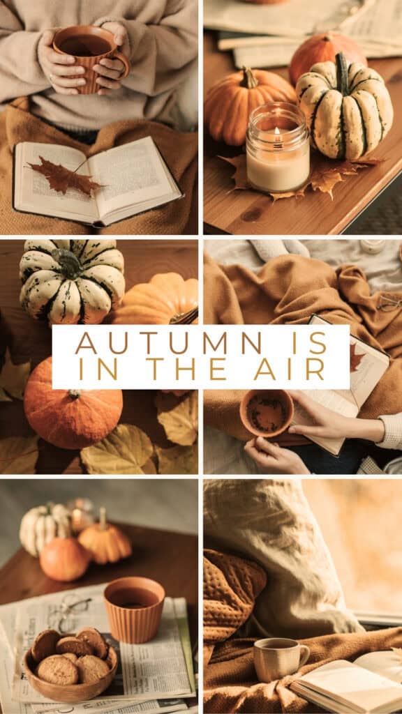 Cozy fall collage with pumpkins, candles, tea, and blankets