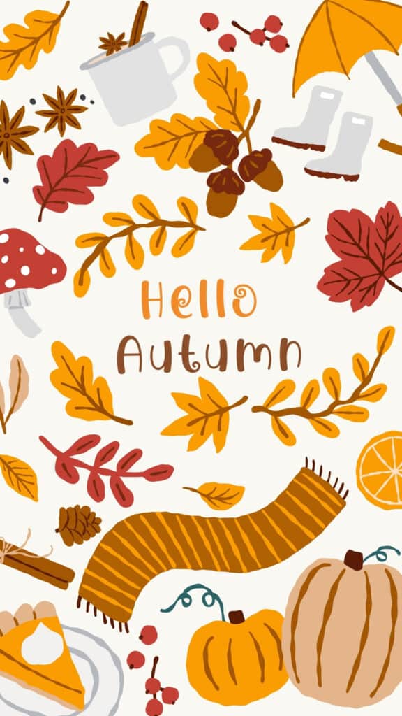 Hello autumn text with cute fall illustrations like pie, boots, scarf, and pumpkin