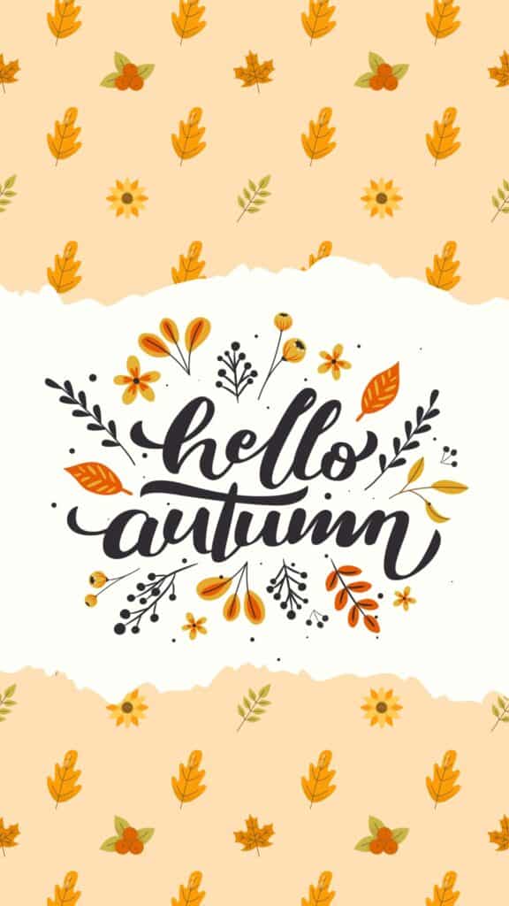Hello autumn text with floral and leaf illustrations on a beige background