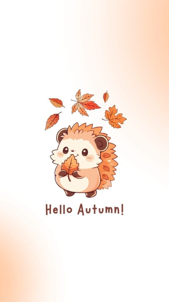 ute cartoon hedgehog holding a fall leaf with autumn leaves falling around