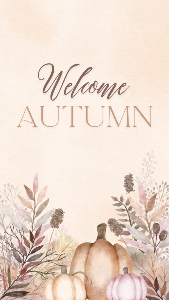 Welcome Autumn wallpaper with watercolor pumpkins and muted leaves